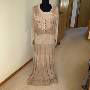Tan brown embroidered maxi dress with tied to attached vest.